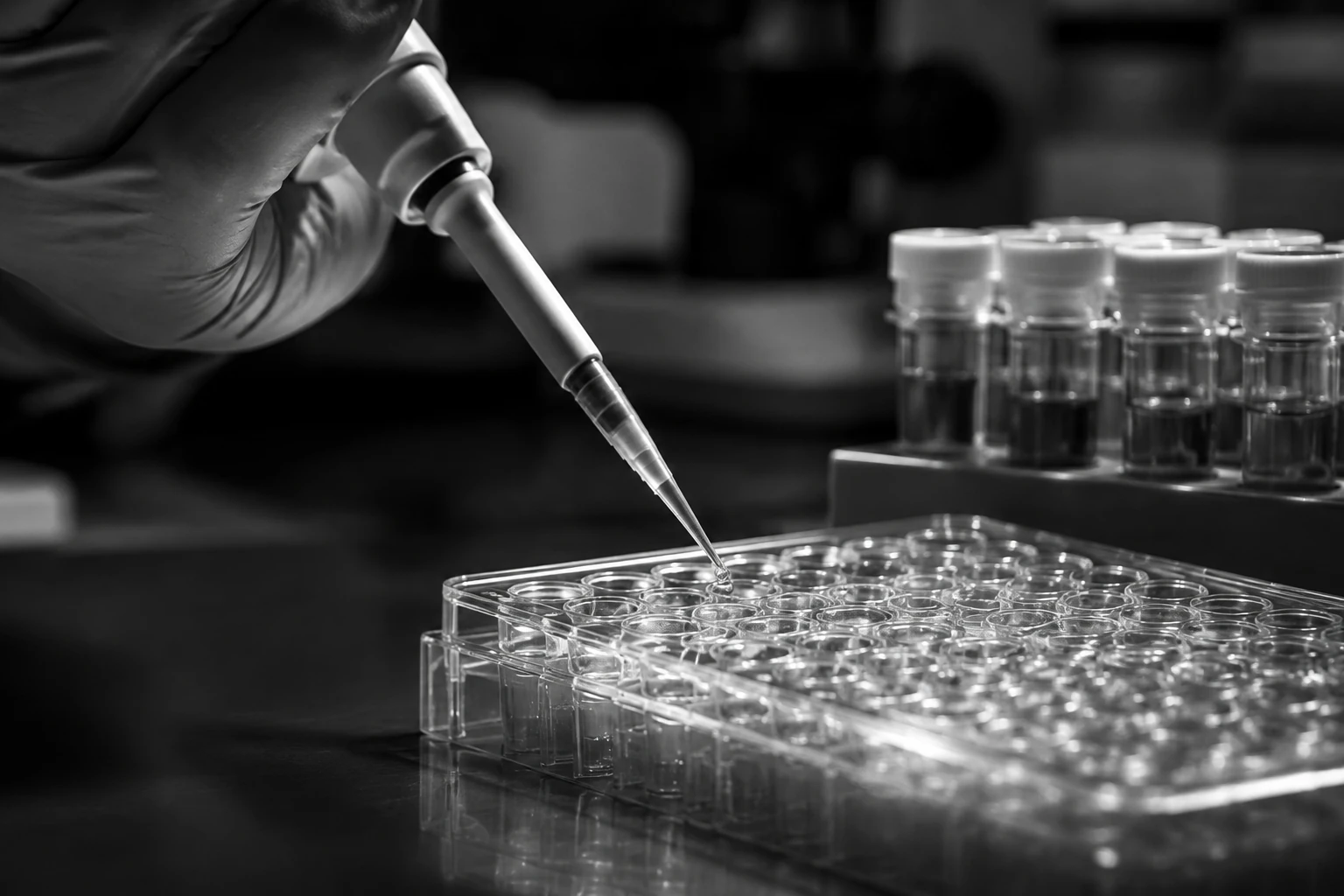 Illustrative precision-laboratory sample preparation with a pipette, microplate and capped tubes