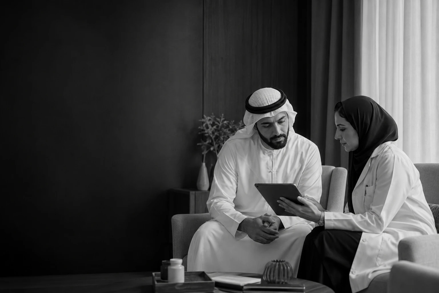Illustrative UAE consultation: an Emirati man and a Gulf physician reviewing clinical information together