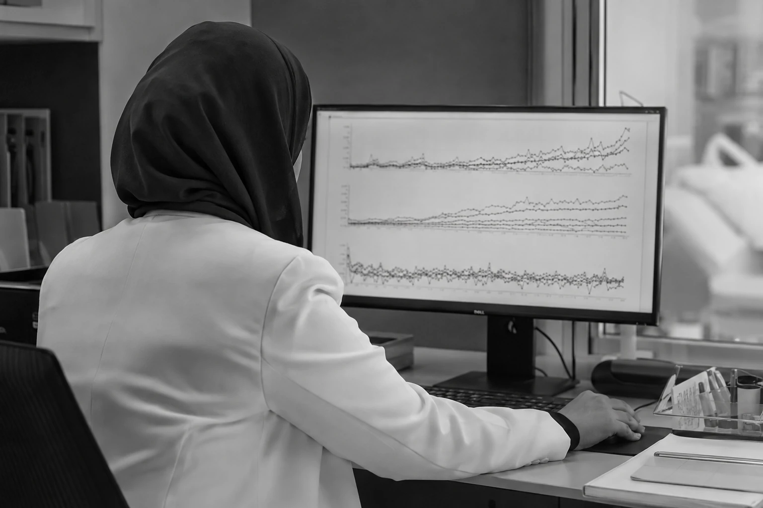 Illustrative Gulf clinician reviewing longitudinal patterns on a workstation; not PHL results