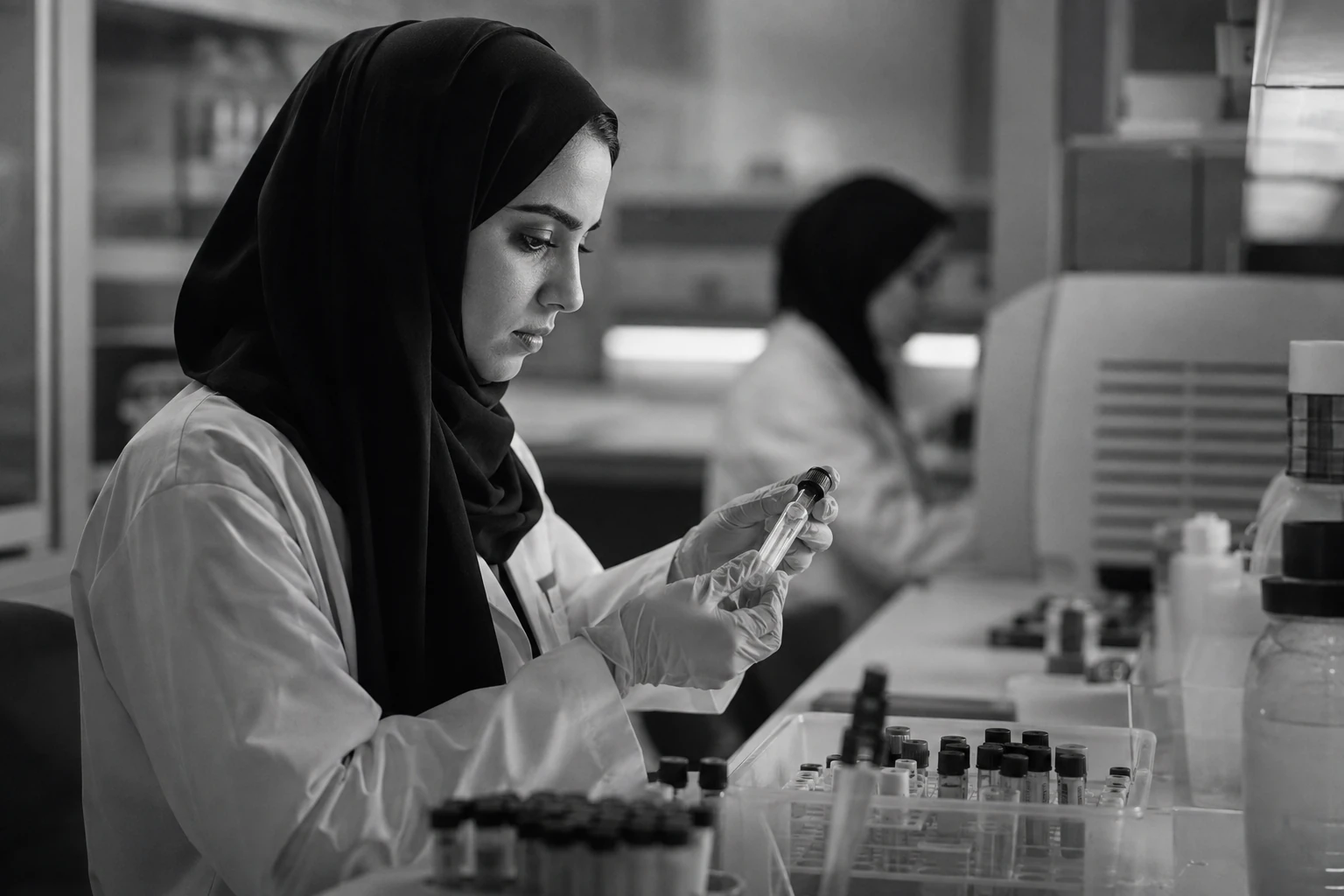 Illustrative Gulf biomedical researcher examining a sealed biological sample in a precision laboratory